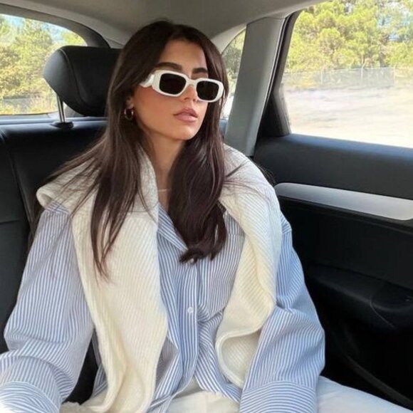 Prada PR17WS 1425S0 Sunglasses Talc Rectangle Frame, Dark Grey Lenses - Picture 1 of 14